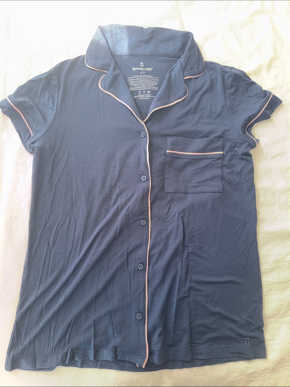Tommy John Navy Short-Sleeve Button Pajama Top with Pink Piping and shorts